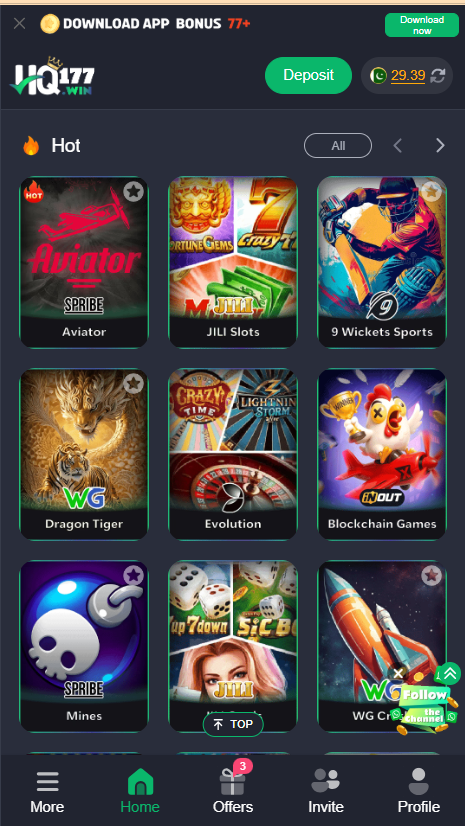 HQ777 Game Home Screen